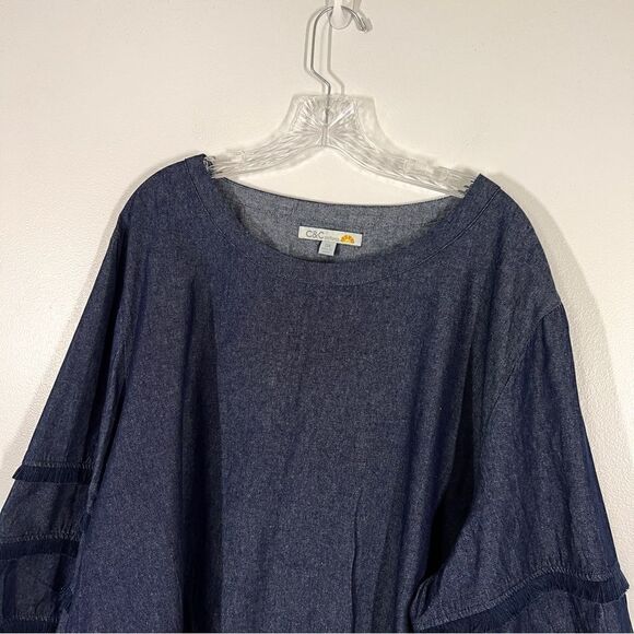 NWOT New C&C California Dark Chambray Denim Color Blouse Too Fringe Accents 3X - Picture 3 of 6